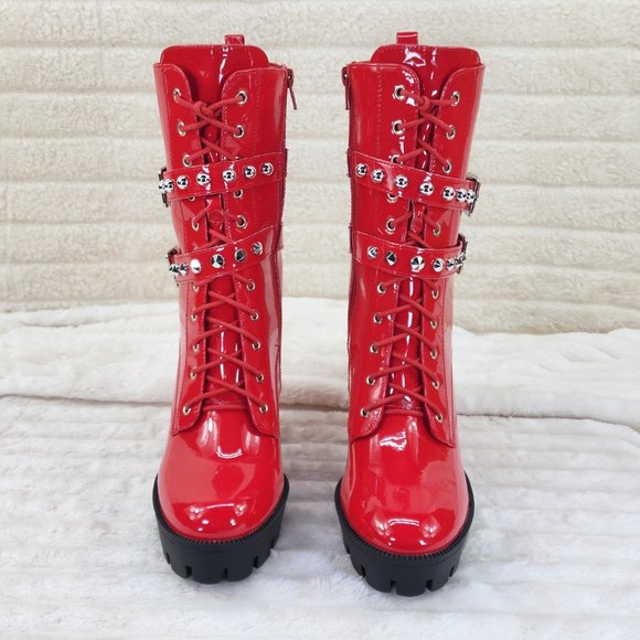 Bright Red Patent Lug Sole Studded Strap Ankle Boots Temptress - Picture 6 of 11